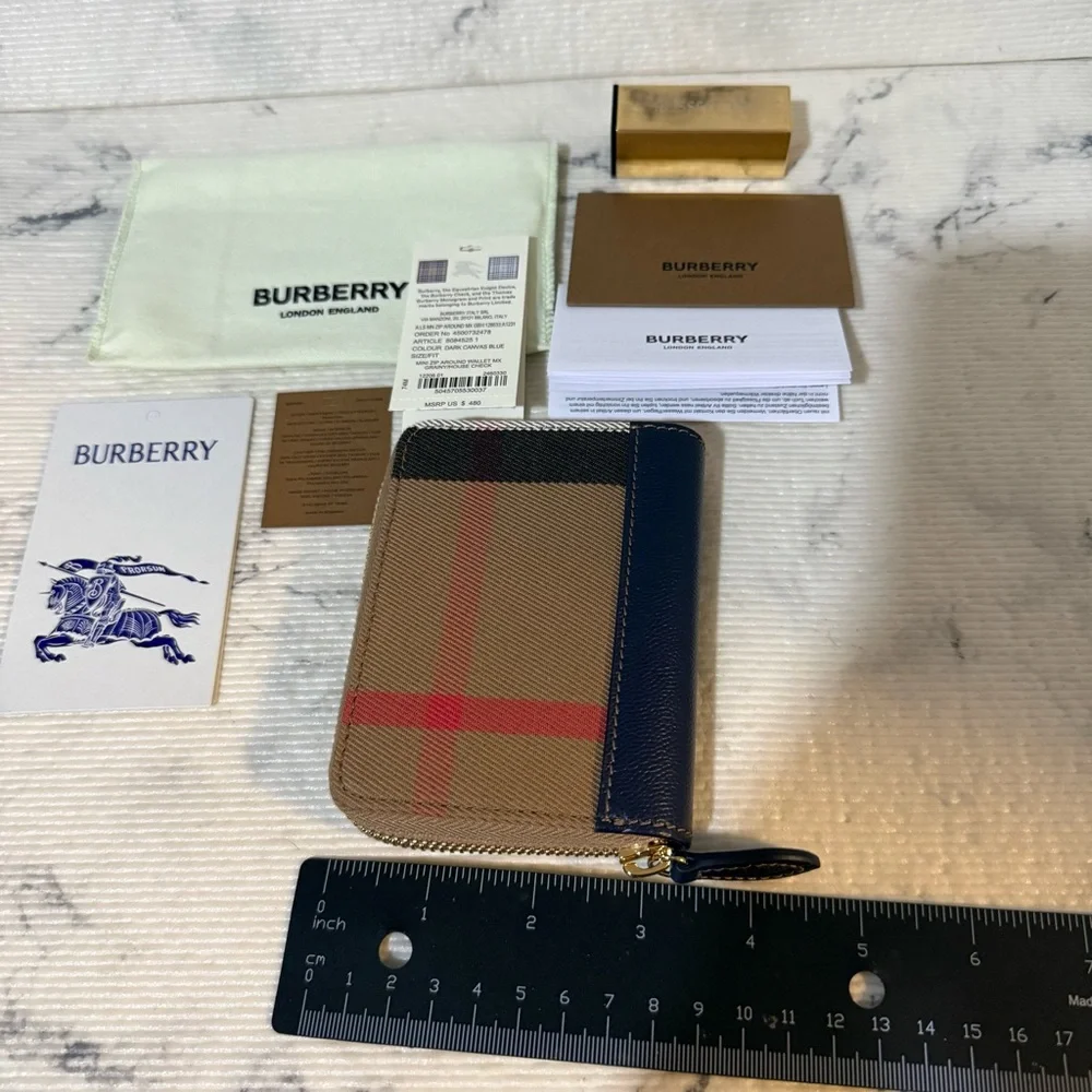 Burberry Check Canvas Navy Blue Zip Around Wallet - Picture 16 of 17